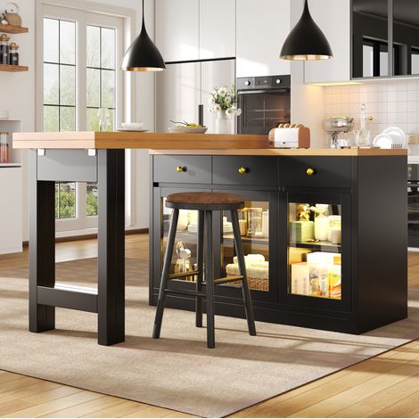 Mesa de cocina extensible MDF negro 120-200x40x75,5 cm con LED RGB, 3 cajones y armarios con puertas de cristal (1/5)