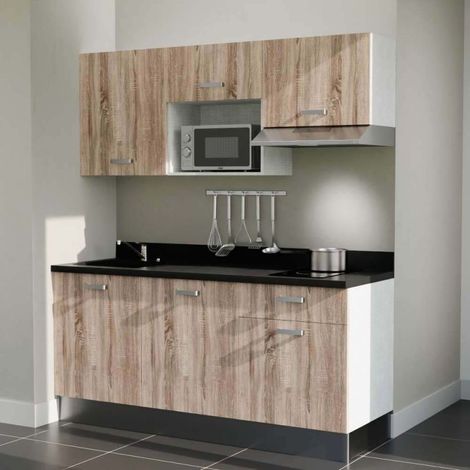 Kitchenette K30L - 180 cm - plan monobloc évier intégré Nero- évier à gauche - Façades Bois + Electroménager inclus coloris Inox (1/5)