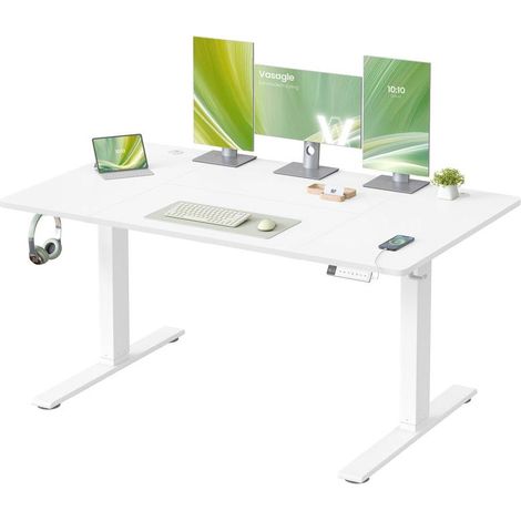 Bureau électrique réglable en hauteur 140 x 80 cm fonction mémoire 3 hauteurs télétravail style contemporain en aggloméré blanc (1/2)