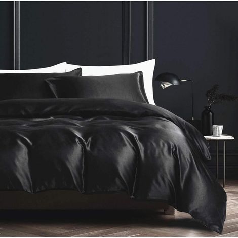 Bettwäsche-Set 220x240cm Schwarz Mikrofaser-Satin mit Reißverschluss