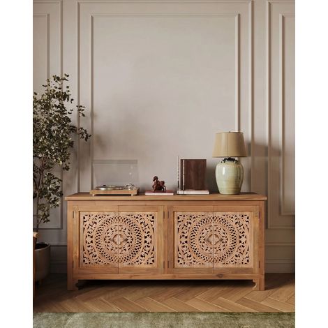 Oba - Buffet bas 4 portes en teck sculpté 180cm (1/5)