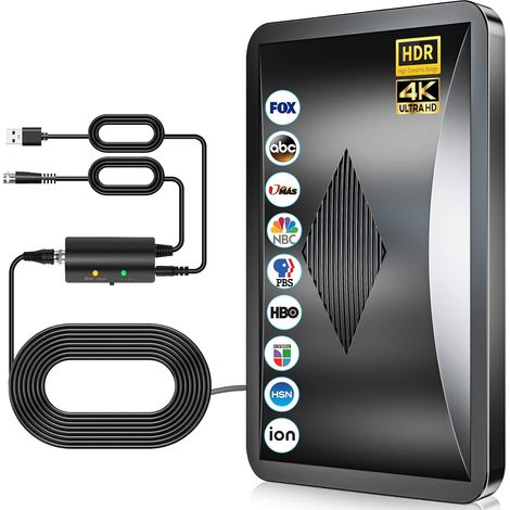 Antenne TV Intérieure 600KM+, Antenne TNT Intérieure avec Amplificateur de Signal Ultra Puissant, 360° Réception Chaînes Locales HD, Compatible Tous Les Tvs Supporte 8K, 4K, 1080P-Câble Coaxial 10M (1/5)