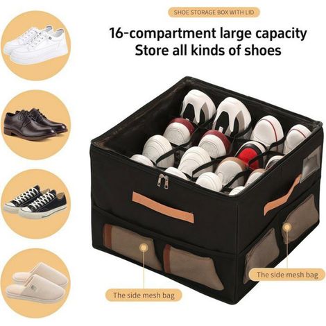 Boîte De Rangement Chaussures 16 Compartiments, Avec Couvercle Transparent, Tissu Oxford, Noir 43x43x31 cm (1/4)