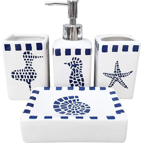 Ensemble d'accessoires de salle de bain en céramique 4 pièces - Design moderne - Bouteilles de lotion, porte-brosse à dents, vase, distributeur Jabón - Acuáticas criaturas (1/4)