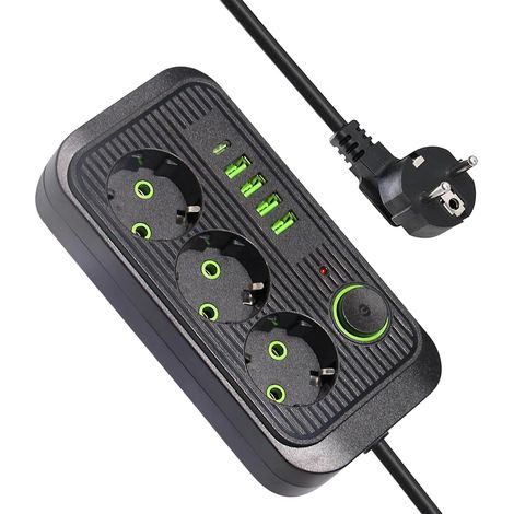 Cable alargador de 2 metros, cable plano cable corto, curva de 45°, con enchufe, protector contra sobretensiones, protección 8 en 1 (1/5)