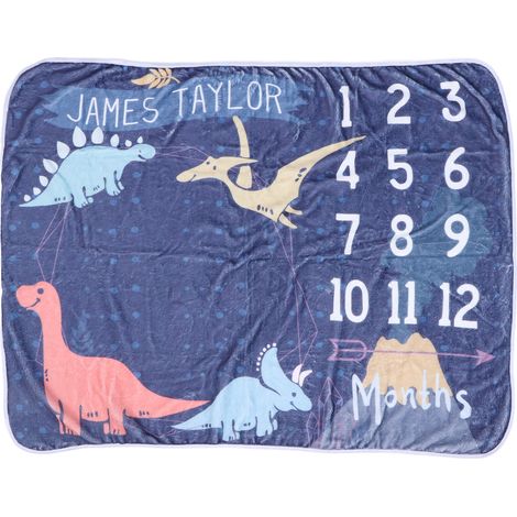 Couverture bébé imprimée dinosaure en polaire douce, bleu marine, motif dinosaure, idéale pour immortaliser les étapes mensuelles de bébé. (1/5)