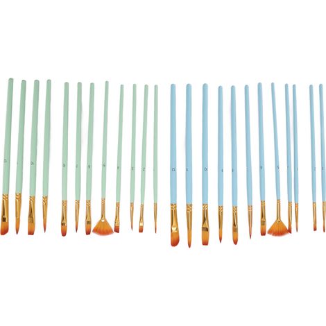 Lot de 24 pinceaux acryliques à poils en nylon, bleu-vert, manche en bois, largement utilisés pour la peinture artistique et le modelage du visage.