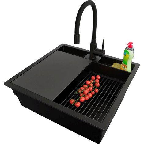 PRIMAGRAN Evier Cuisine en Granit 56x54cm, Lavabo 1 bac + Kit de Vidage + Accessoire, Évier à Encastrer au meuble 60cm - Bergen Pocket, Tout Noir (1/5)