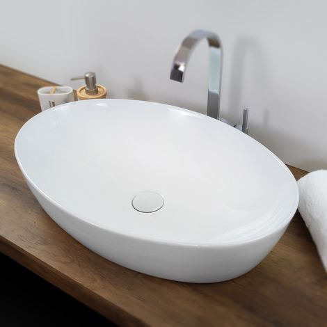 Saniverre – Vasque à poser en céramique émaillée ovale 61 x 41 cm – Surface lisse – Bonde pop-up incluse – Pour salle de bain moderne (1/5)