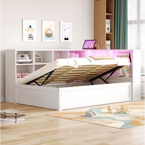 Letto divano multifunzione 220.5x114.5x82 cm, con prese integrate, vani contenitore, luci LED, legno bianco (1/5)