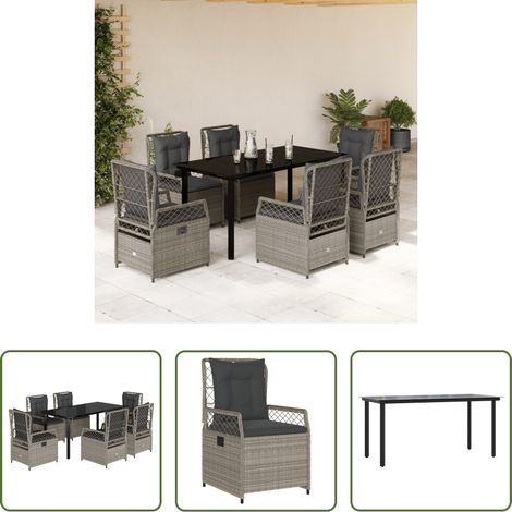 vidaXL Gartensessel - 7-tlg. Garten-Essgruppe mit Kissen Hellgrau Poly Rattan (1/5)