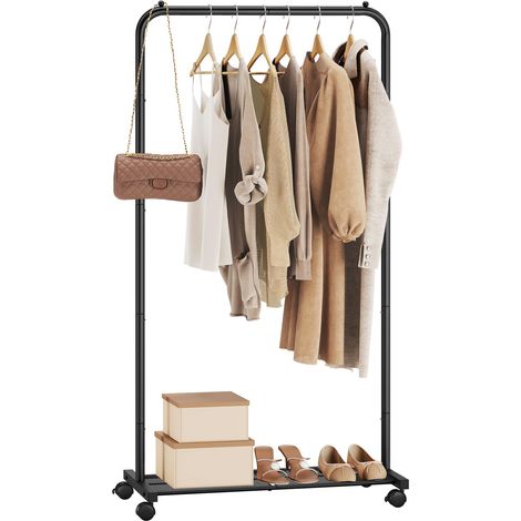 Portant à Vêtements à Roulettes, Penderie 74 cm, Porte-Vêtements, Porte-manteau, avec Étagère de Rangement en Maille Dense, Capacité de Charge de 35 kg, 2 Freins, Noir (1/5)