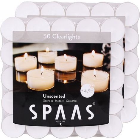 Bougies chauffe-plat Clearlights - Lot de 100 - blanches - 4,5 heures de combustion - coupelle transparente (1/3)