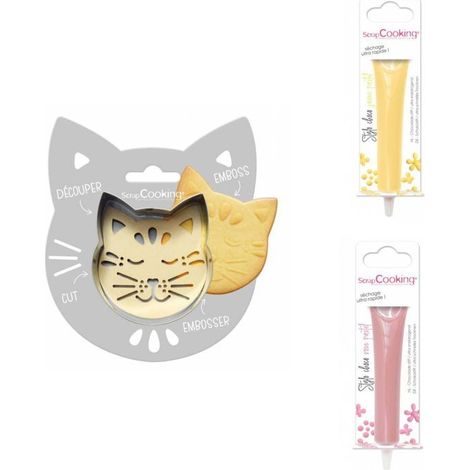 Kit pour biscuit en relief Chat + 2 Stylos au chocolat jaune pastel et rose pastel
