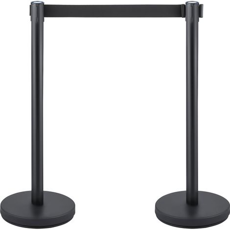 Barrière de foule avec 6 poteaux, ceinture rétractable noire de 2 m, base en béton et métal, assemblage facile. (1/5)