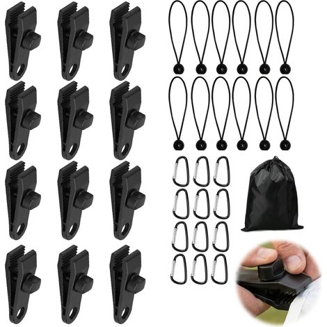 Lot de 37 clips de bâche robustes avec cordons élastiques et mousquetons, fixation de bâche pour camping, tente, voile d'ombrage et hamac, noir (1/5)