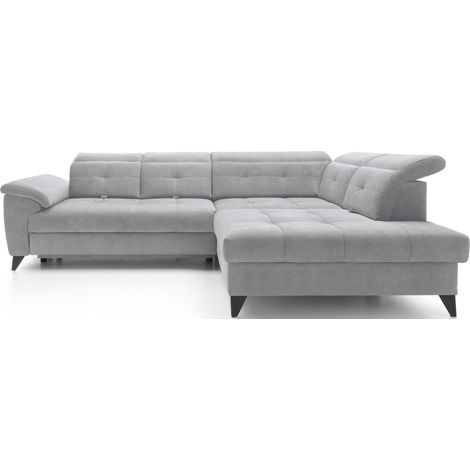 Canapé d'angle convertible tissu velouté KARIN - Coffre et appuis-tête réglables angle droit-Gris clair-angle droit (1/5)