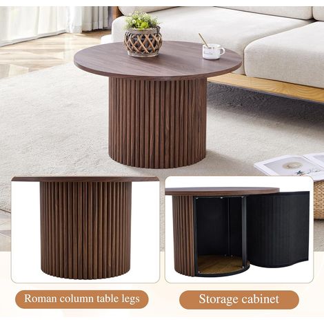 Table basse ronde 70 cm – Design colonne cannelée, structure stable MDF et métal, finition noyer avec motif rainuré – Pour salon contemporain (1/5)