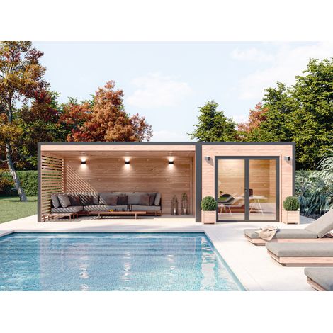 Poolhouse 23m² en bois Douglas 55mm – Baie vitrée alu – Toit acier – Fabrication Auvergne Rhône-Alpes – Installation facile – Monnet Seve