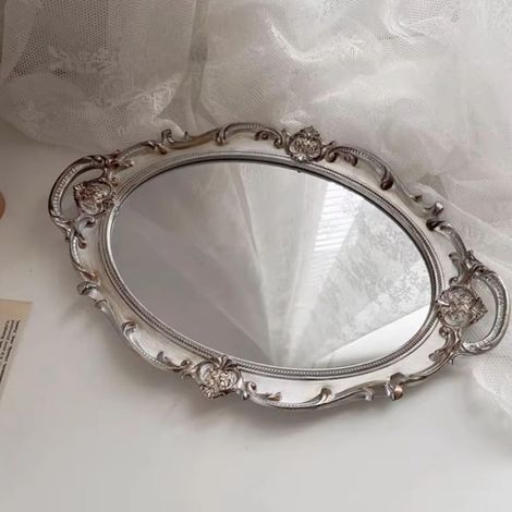 Plateau ovale avec miroir, plateau de service rectangulaire, assiette à dessert de style européen, plateau de courtoisie miroir (argenté) (1/5)