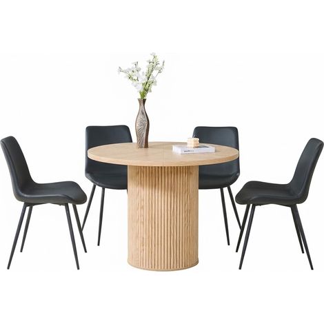 ELVMI Esstisch-Set mit 1 Rundem Tisch und 4 Stühlen, MDF, Metall und Kunstleder, Schwarz und Naturholz (1/5)
