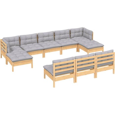 vidaXL Salon de jardin 10 pcs avec coussins gris Bois de pin (1/5)