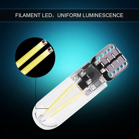 10 ampoules LED 12V W5W T10 194 à filament COB en verre pour liseuses/feux de jour/éclairage de coffre de voiture, lumière blanche (1/5)