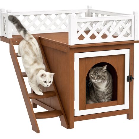 Maison pour chat en bois 2 niveaux avec balcon et escalier, abri intérieur extérieur pour chats lapins marron (1/5)