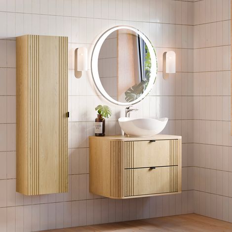 Waschtisch und Hängesäule 80cm Mila mit 2 Schubladen, Helle Eiche (1/5)