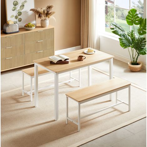 Set tavolo da pranzo con 2 panche, tavolo da cucina stile industriale 110 x 60 cm bianco OKWISH (1/5)