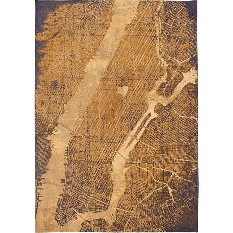 Tapis de salon tissé plat - Cities Collection - Gatsby Gold - 140 x 200 cm - Style Graphique Artistique, Inspiré des Anciennes Cartes - Décoration Visuelle Moderne