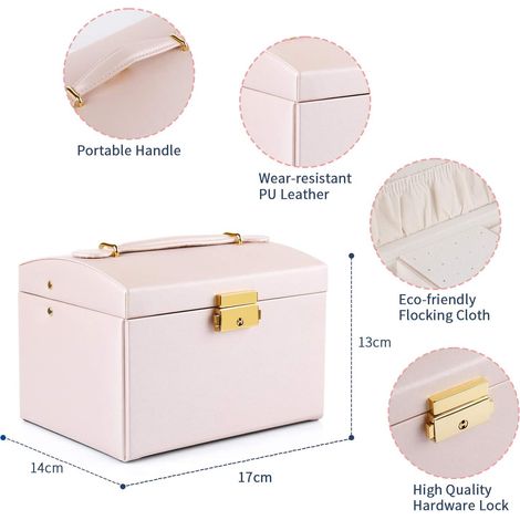 Joyero de viaje de piel impermeable – tres niveles, dos cajones – ideal para guardar anillos, pendientes, collares y pulseras (rosa).
