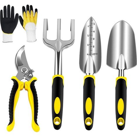 Set da giardino in acciaio inox con cesoie da giardino, trapiantatrice a tamburo manuale, rastrello manuale e guanti da giardino (750 5 pezzi) (1/5)
