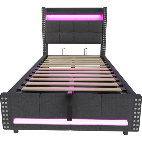 Lit capitonné pour enfant 90x200cm avec éclairage LED et prise USB, tête de lit avec étagères et espace de rangement, système hydraulique de rangement, lit simple, tissu lin gris (1/5)