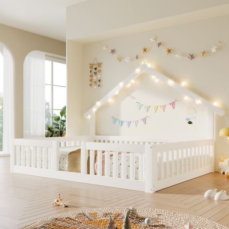 Letto a casetta 140/200 cm bianco in legno con barriera anticaduta e luci LED (1/5)