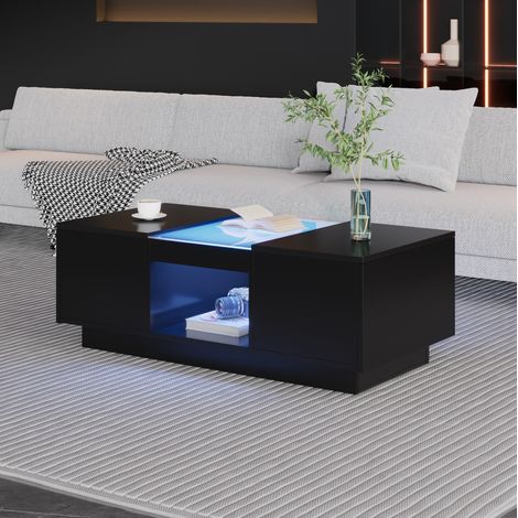 Mesa de centro 100x50x35.5 cm negra en tablero de partículas con vidrio, LED controlado por app y 2 cajones (1/5)