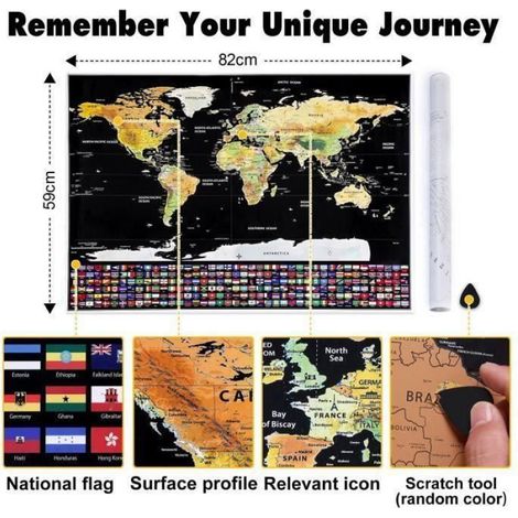 Carte du Monde à Gratter Voyage Affiche (82x59 cm), Scratch off World Map, Grattez les Endroits Que Vous Avez Visité, Décoration D (1/4)