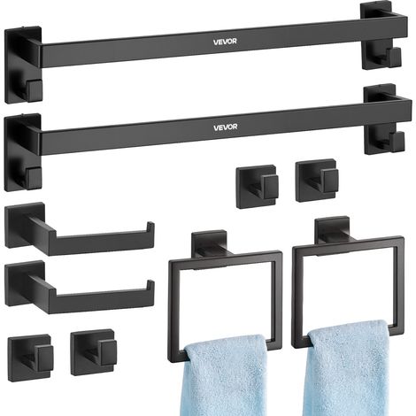 VEVOR Matte Black Bathroom Hardware Set, 10-Piece Bathroom Accessories Set, 2 Stainless Steel 24-in Towel Bars, 2 Towel Racks, 4 Robe Towel Hooks, 2 Toilet Paper Holders for Bath Room, Wall Mounted (1/5)