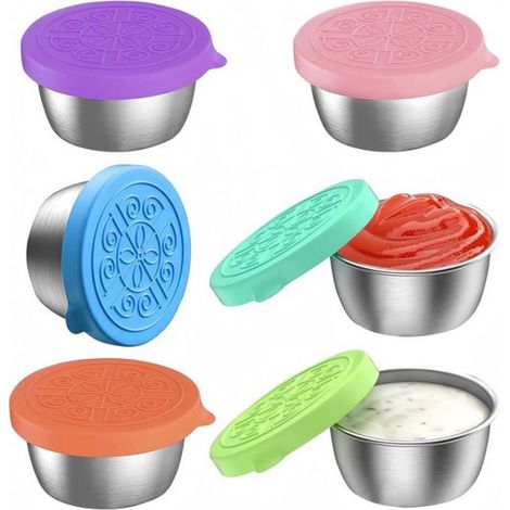 Lot de 6 mini-contenants à collation en acier inoxydable–Hermétiques,avec couvercles en silicone de 6 couleurs–Réutilisables (1/5)