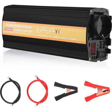 Convertisseur Onde Sinusoïdale Pure 12V Vers 230V 1000W Écran LCD 2 Ports USB Prise Secteur Adapté Voiture Camion Camping-car Fourgon