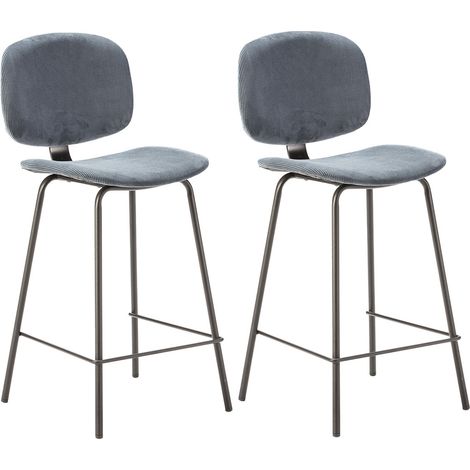 GARY - Lot de 2 Tabourets en Velours Côtelé Bleu Piétement Métal Noir (1/5)