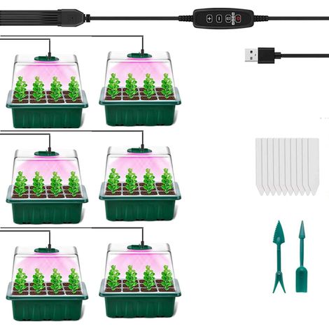 6-teiliges Anzuchtgewächshaus – Robustes PP-Kunststoff – Vollspektrum-LED-Beleuchtung – Bewässerungsautomatik und Zeitschaltuhr – Für den Indoor-Gartenbau – 12 Zellen pro Anzuchtschale (1/5)