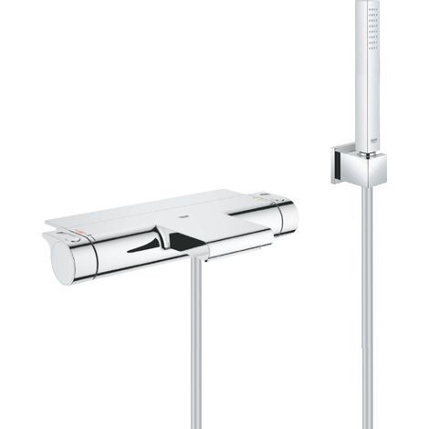 Grohe Set vasca/doccia con miscelatore termostatico a cascata + doccetta Stick 1 getto, supporto a parete, flessibile, Cromo (34467001