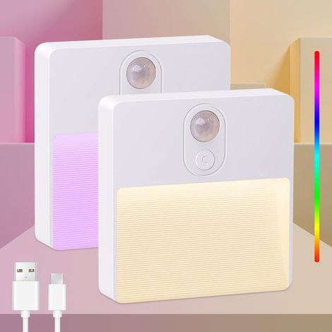 Due luci notturne con sensori di movimento, luci a LED RGB a cambio colore per le scale, interruttore di accensione/spegnimento automatico, adatte alle camerette dei bambini. (1/4)