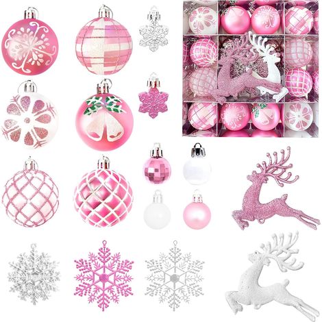 45 Boules Noel 6 cm Rose Blanc, Boules de Noel Incassables en Plastique, Décorations Suspendues pour Sapin de Noël, Maison, Fête, Décorations de Noël (1/5)
