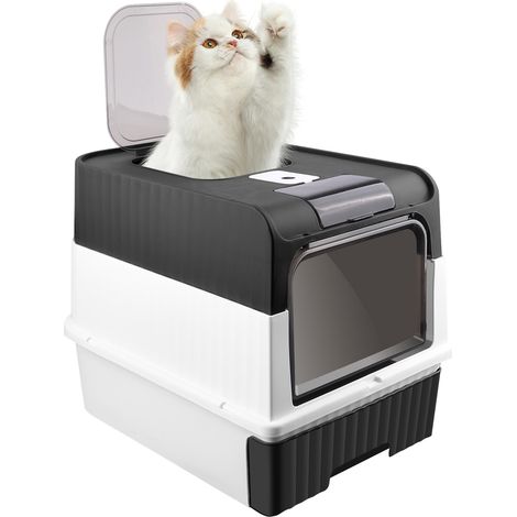 Aqrau Bac a litiere pour chat, Maison de toilette chat fermée, Pelle, à Filtre Charbon Anti-Odeurs, Noir (1/5)