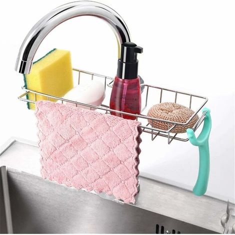 Porte-Éponge de Robinet de Cuisine en Acier Inoxydable Pour Savon / Éponges / Chiffon / Shampooing / Gel Douche, Étagère Pour Savon, Éponge De Salle De Bain, Sans Perçage (1/5)