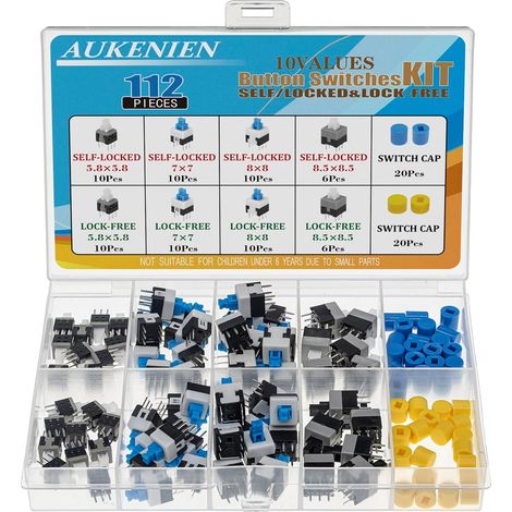 10Valeurs 112Pièces Interrupteur Bouton Poussoir DPDT Kit 6 Broches Tactile Momentanés Interrupteurs et Micro Boutons Autobloquant 5,8x5,8MM 7x7MM 8x8MM 8,5x8,5MM avec Capuchon de Commutateur (1/5)