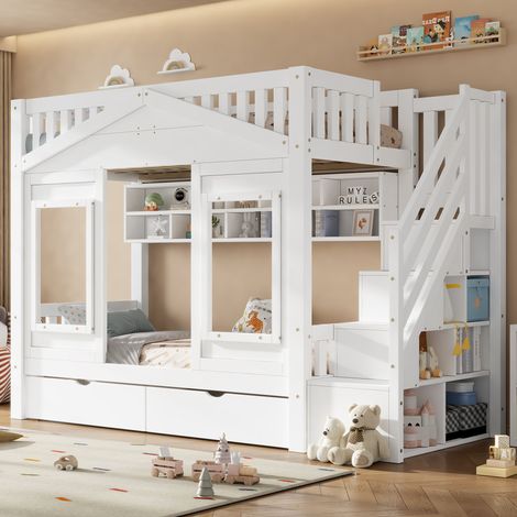 Lit superposé enfant 90 x 200 cm, lit maison blanc avec fenêtre, escalier de rangement, tiroir sous lit, étagères, pin massif et MDF (1/5)