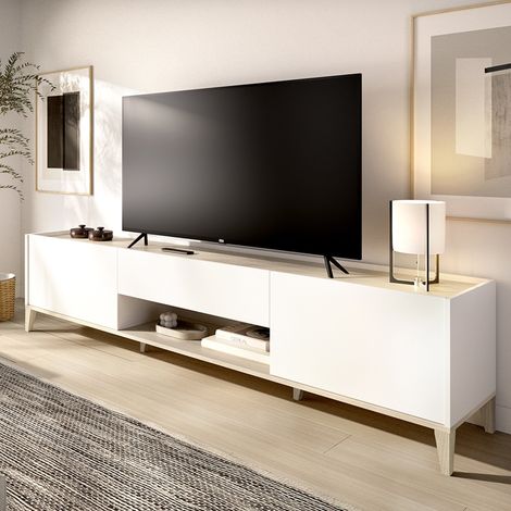 Mobile Porta tv Yreka, un Cassetto, 4 Ripiani, 2 Ante, 39x197x50h cm Bianco (1/5)